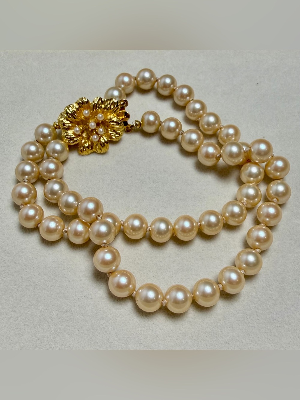 Glass Pearl Bracelet, Double Strand Hand Knotted, GP Box Clasp Vintage Japan